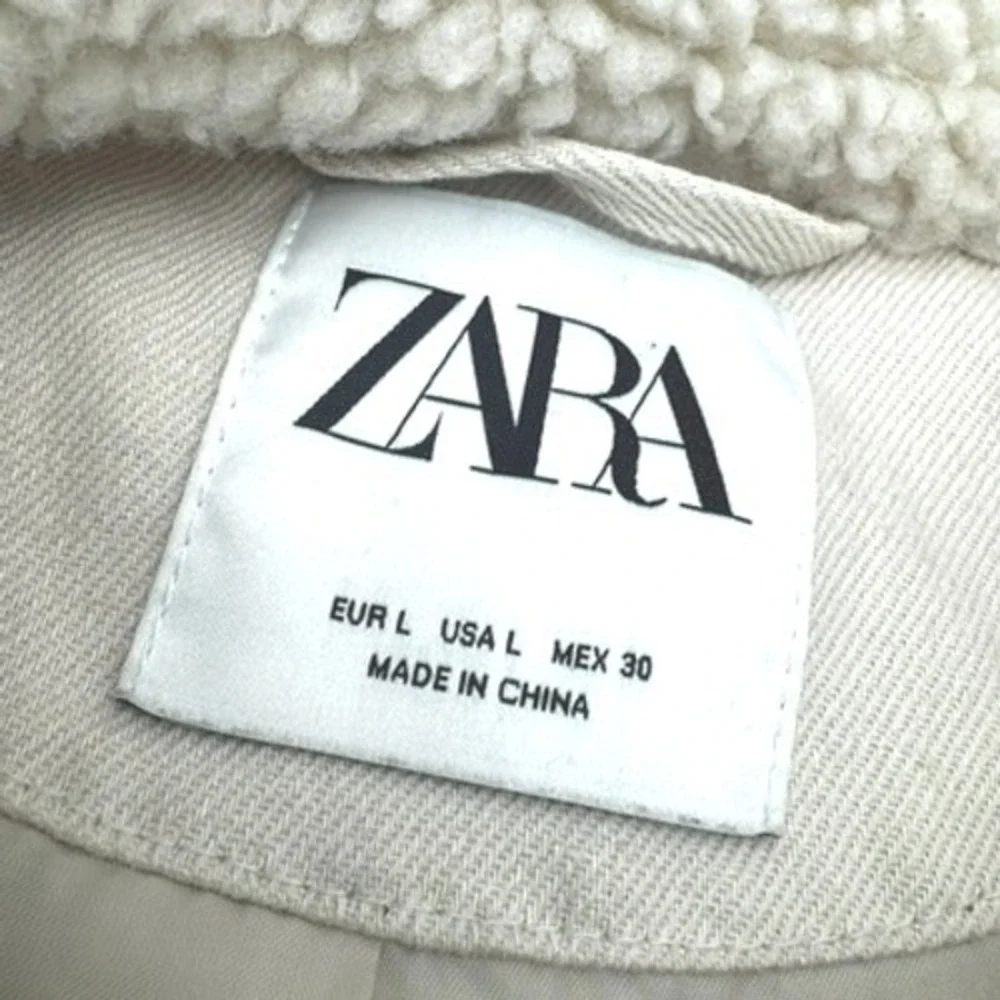 ZARA Women's Large Shearling Cream Beige Denim Trucker Biker Jacket Pockets Coat